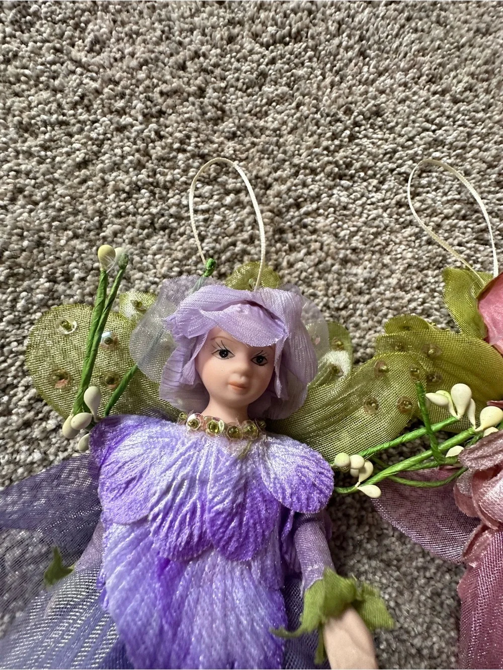 Vintage Purple and Pink Flower Fairy Ornaments - Pair